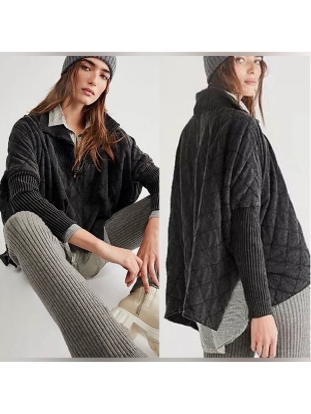 Free People Shiloh 3/4 Zip Quilted Low-High Sweatshirt Charcoal Size Large 25645